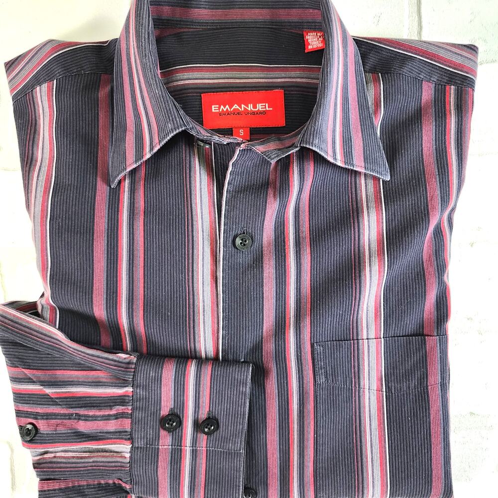 Vintage Emanuel Ungaro Striped Dress Shirt Red Grey Black 100% Cotton S